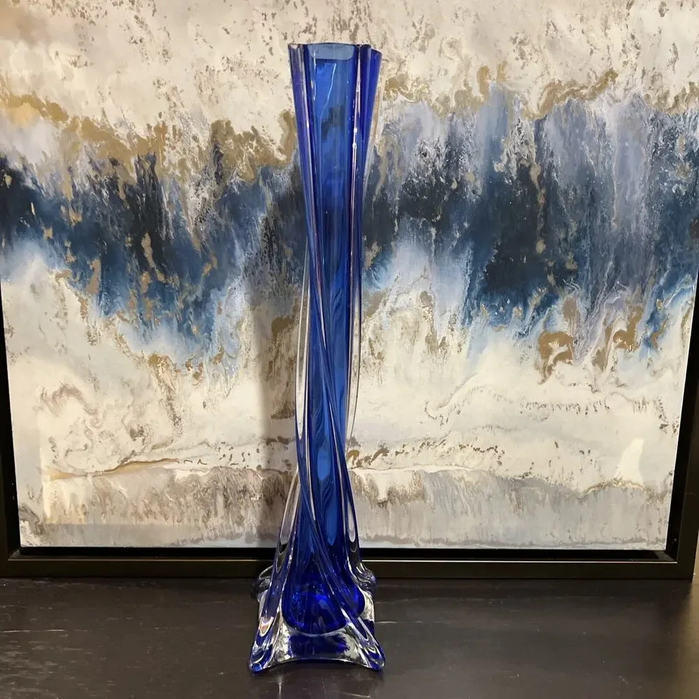 Vintage Cobalt Blue Glass Tall Vase 13.5”